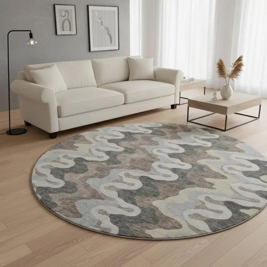 8' Charcoal Ivory And Gray Abstract Washable Round Rug With UV Protection Photo 2