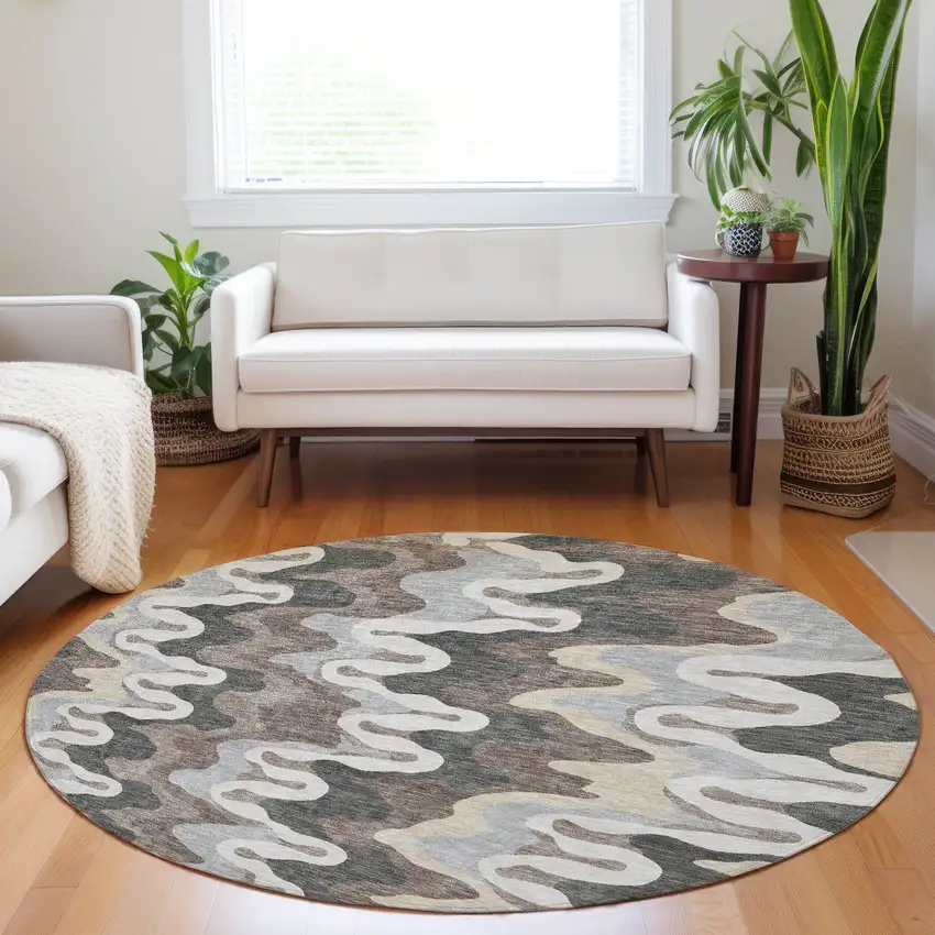 8' Charcoal Ivory And Gray Abstract Washable Round Rug With UV Protection Photo 5