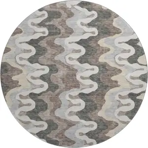 Photo of 8' Charcoal Ivory And Gray Abstract Washable Round Rug With UV Protection