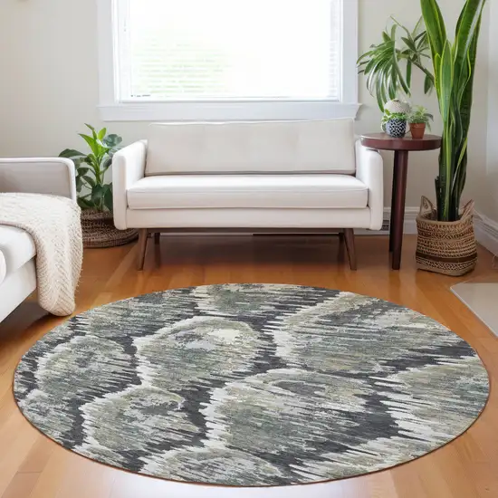 8' Charcoal Ivory And Gray Diamond Washable Round Rug With UV Protection Photo 5
