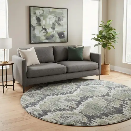 8' Charcoal Ivory And Gray Diamond Washable Round Rug With UV Protection Photo 2