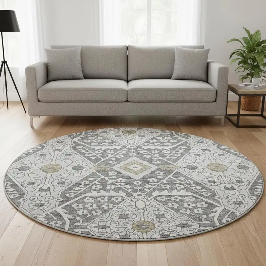8' Charcoal Ivory And Gray Floral Washable Round Rug With UV Protection Photo 1