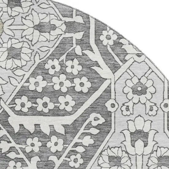 8' Charcoal Ivory And Gray Floral Washable Round Rug With UV Protection Photo 4