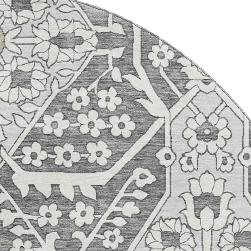 8' Charcoal Ivory And Gray Floral Washable Round Rug With UV Protection Photo 4