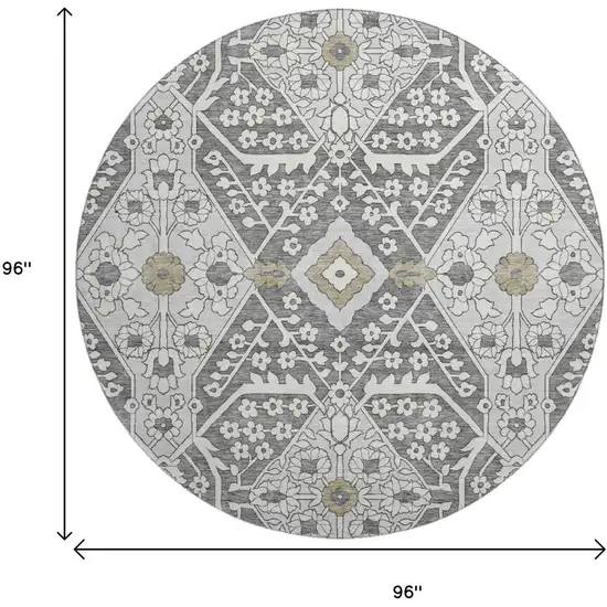 8' Charcoal Ivory And Gray Floral Washable Round Rug With UV Protection Photo 3