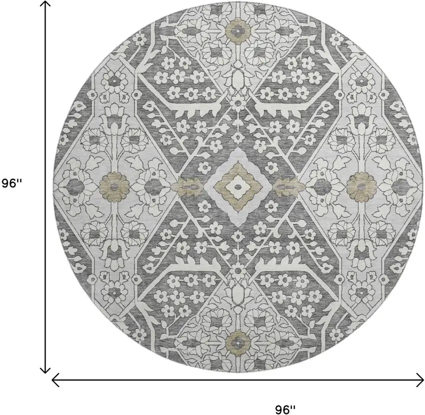 8' Charcoal Ivory And Gray Floral Washable Round Rug With UV Protection Photo 3