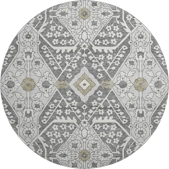 8' Charcoal Ivory And Gray Floral Washable Round Rug With UV Protection Photo 2