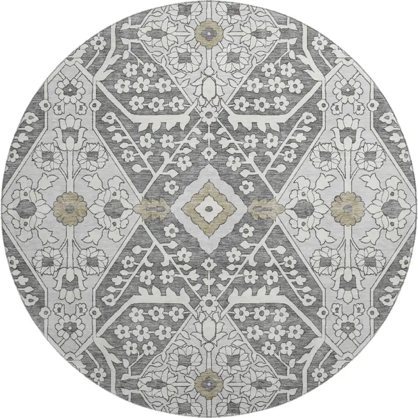 8' Charcoal Ivory And Gray Floral Washable Round Rug With UV Protection Photo 2