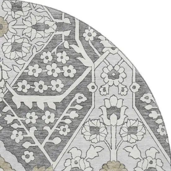 8' Charcoal Ivory And Gray Floral Washable Round Rug With UV Protection Photo 5