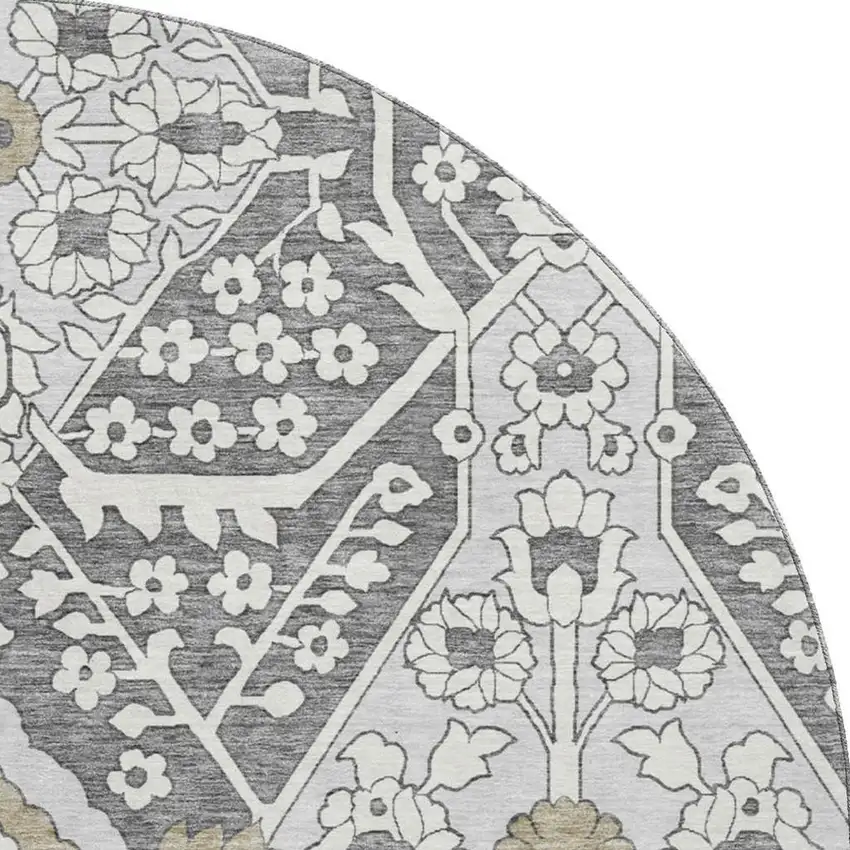 8' Charcoal Ivory And Gray Floral Washable Round Rug With UV Protection Photo 5