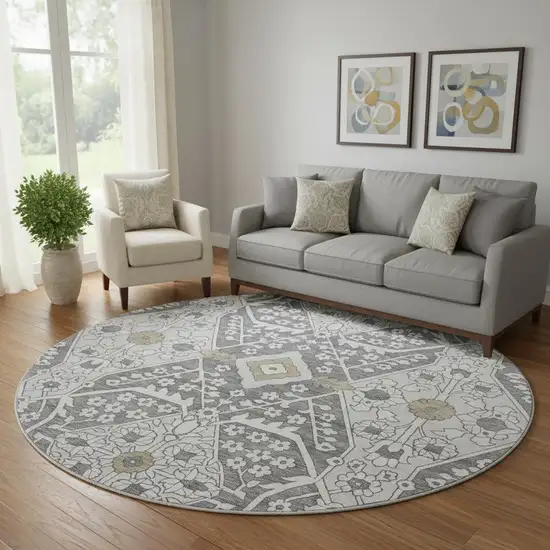 8' Charcoal Ivory And Gray Floral Washable Round Rug With UV Protection Photo 1