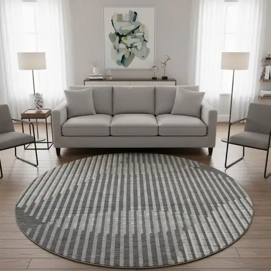 8' Charcoal Ivory And Gray Geometric Washable Round Rug With UV Protection Photo 2
