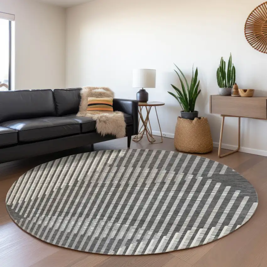 8' Charcoal Ivory And Gray Geometric Washable Round Rug With UV Protection Photo 4