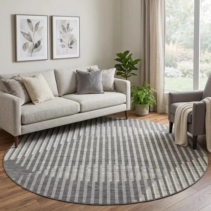 8' Charcoal Ivory And Gray Geometric Washable Round Rug With UV Protection Photo 1