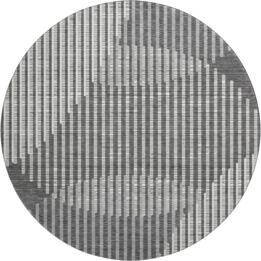 8' Charcoal Ivory And Gray Geometric Washable Round Rug With UV Protection Photo 1