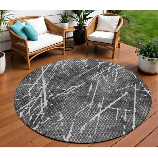 8' Charcoal Ivory And Gray Round Abstract Washable Indoor Outdoor Area Rug Photo 1