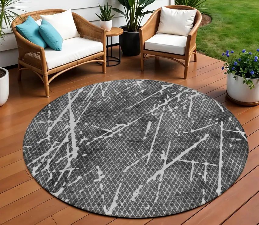 8' Charcoal Ivory And Gray Round Abstract Washable Indoor Outdoor Area Rug Photo 1