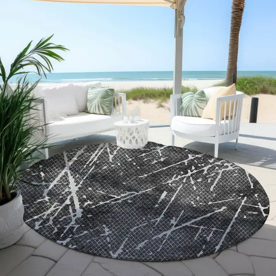 8' Charcoal Ivory And Gray Round Abstract Washable Indoor Outdoor Area Rug Photo 6