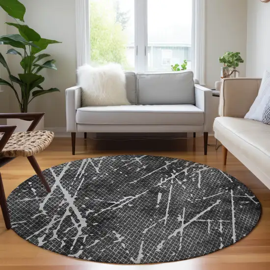 8' Charcoal Ivory And Gray Round Abstract Washable Indoor Outdoor Area Rug Photo 7