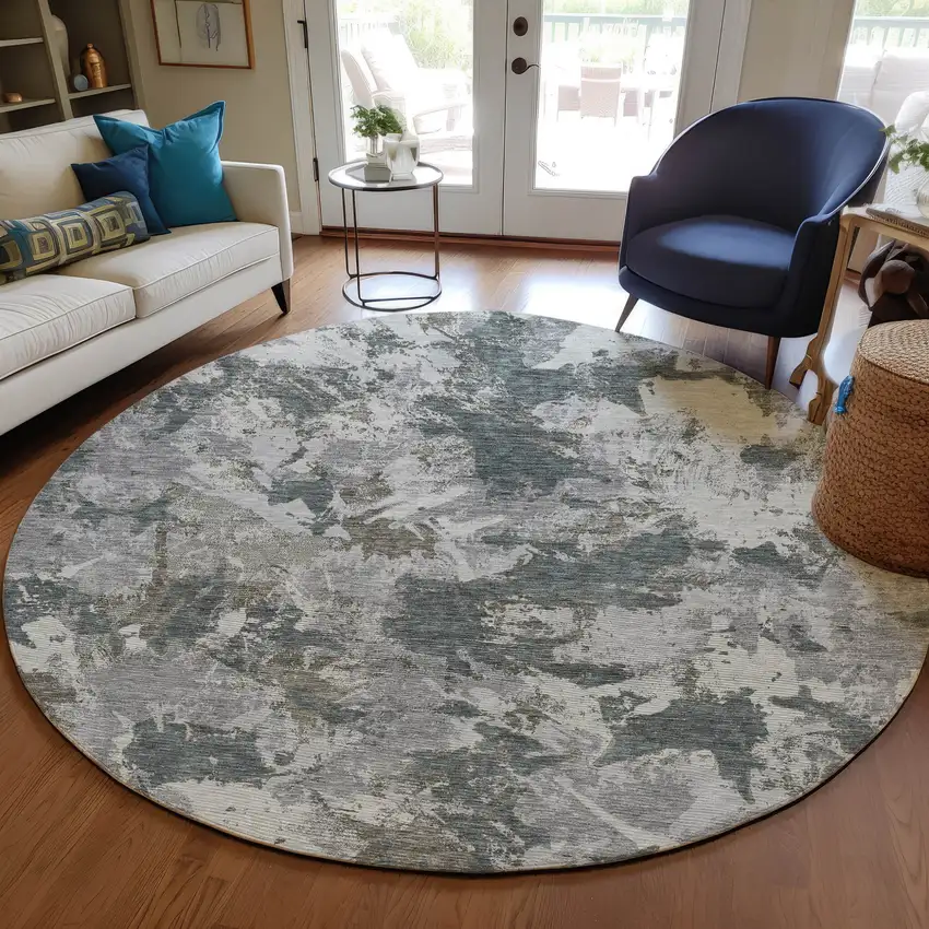 8' Charcoal Ivory And Gray Round Floral Washable Indoor Outdoor Area Rug Photo 7