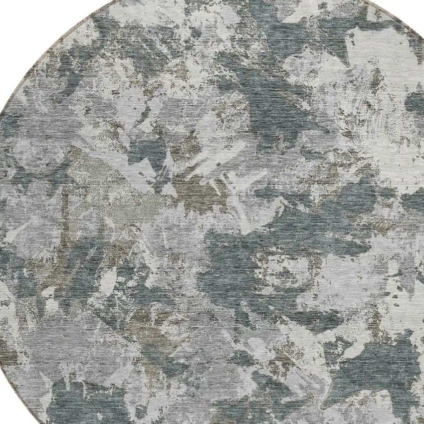 8' Charcoal Ivory And Gray Round Floral Washable Indoor Outdoor Area Rug Photo 4