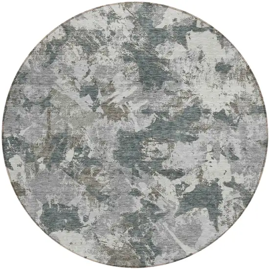 8' Charcoal Ivory And Gray Round Floral Washable Indoor Outdoor Area Rug Photo 2