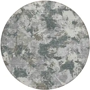 Photo of 8' Charcoal Ivory And Gray Round Floral Washable Indoor Outdoor Area Rug