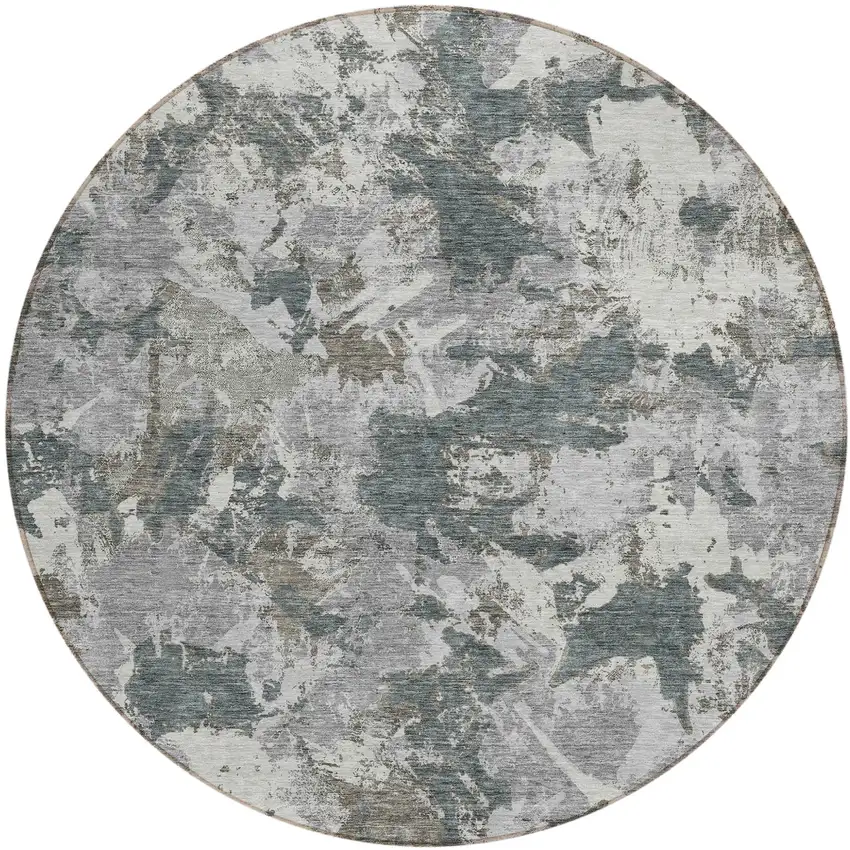 8' Charcoal Ivory And Gray Round Floral Washable Indoor Outdoor Area Rug Photo 2