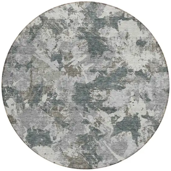 8' Charcoal Ivory And Gray Round Floral Washable Indoor Outdoor Area Rug Photo 5