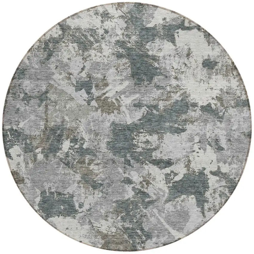 8' Charcoal Ivory And Gray Round Floral Washable Indoor Outdoor Area Rug Photo 5