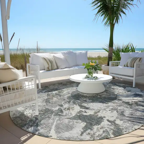 8' Charcoal Ivory And Gray Round Floral Washable Indoor Outdoor Area Rug Photo 6