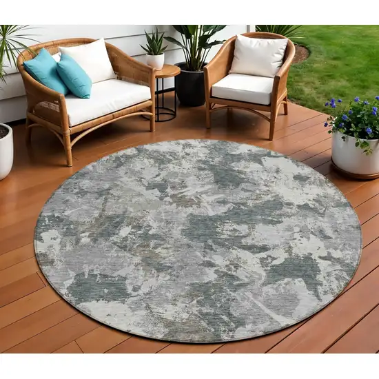 8' Charcoal Ivory And Gray Round Floral Washable Indoor Outdoor Area Rug Photo 1