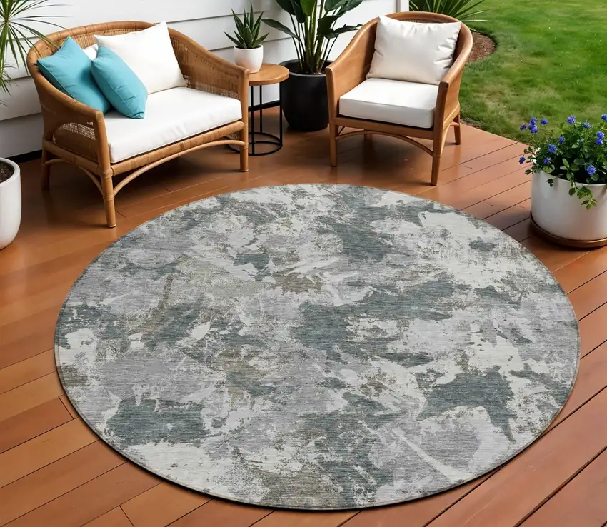 8' Charcoal Ivory And Gray Round Floral Washable Indoor Outdoor Area Rug Photo 1