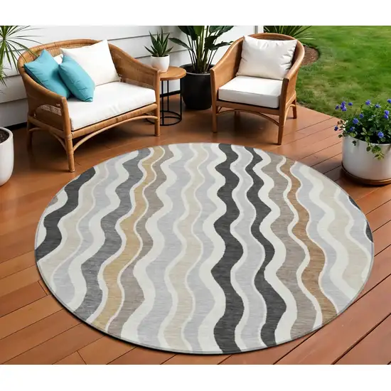 8' Charcoal Ivory And Gray Round Striped Washable Indoor Outdoor Area Rug Photo 1