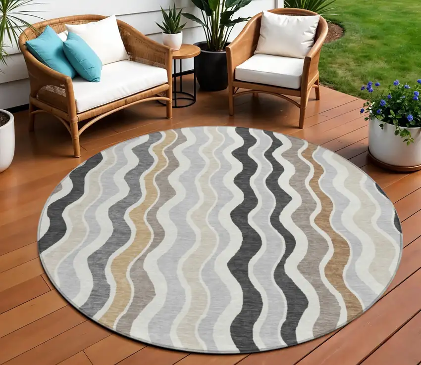 8' Charcoal Ivory And Gray Round Striped Washable Indoor Outdoor Area Rug Photo 1