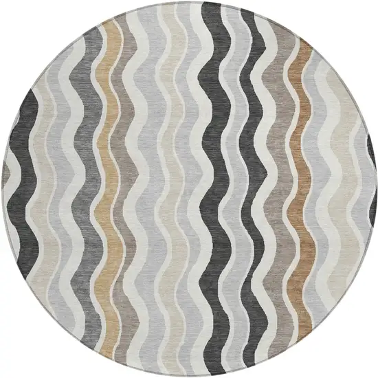 8' Charcoal Ivory And Gray Round Striped Washable Indoor Outdoor Area Rug Photo 2