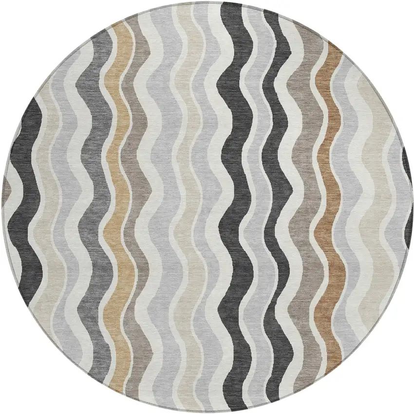 8' Charcoal Ivory And Gray Round Striped Washable Indoor Outdoor Area Rug Photo 2