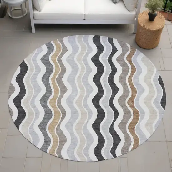 8' Charcoal Ivory And Gray Round Striped Washable Indoor Outdoor Area Rug Photo 8