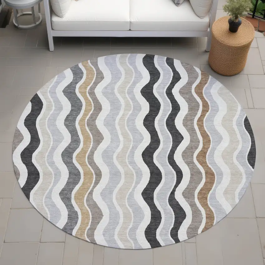 8' Charcoal Ivory And Gray Round Striped Washable Indoor Outdoor Area Rug Photo 8