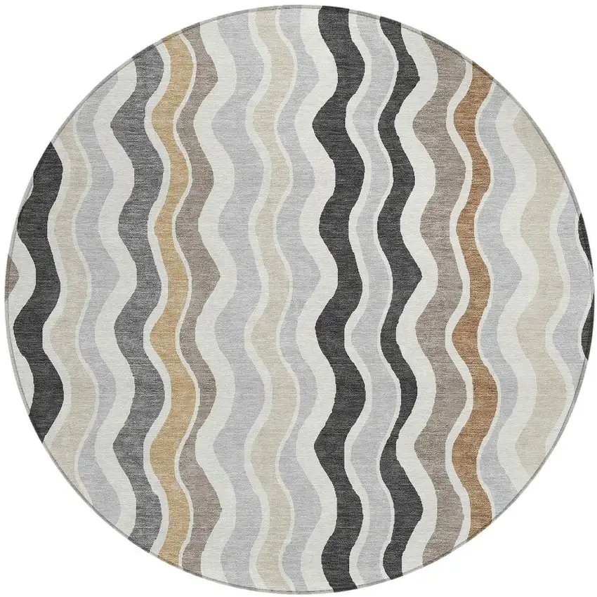 8' Charcoal Ivory And Gray Round Striped Washable Indoor Outdoor Area Rug Photo 4
