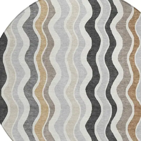 8' Charcoal Ivory And Gray Round Striped Washable Indoor Outdoor Area Rug Photo 7