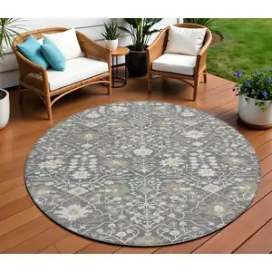 Photo of 8' Charcoal Ivory And Green Round Oriental Washable Indoor Outdoor Area Rug