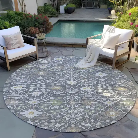 8' Charcoal Ivory And Green Round Oriental Washable Indoor Outdoor Area Rug Photo 6