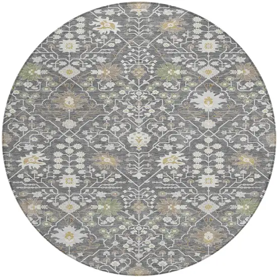 8' Charcoal Ivory And Green Round Oriental Washable Indoor Outdoor Area Rug Photo 2