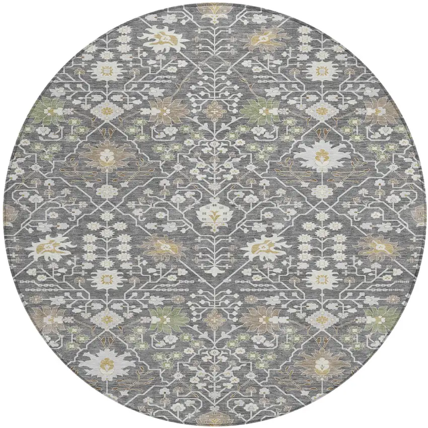 8' Charcoal Ivory And Green Round Oriental Washable Indoor Outdoor Area Rug Photo 2