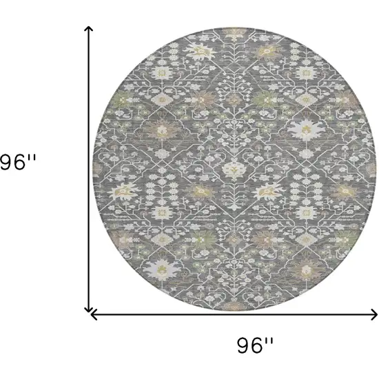 8' Charcoal Ivory And Green Round Oriental Washable Indoor Outdoor Area Rug Photo 3