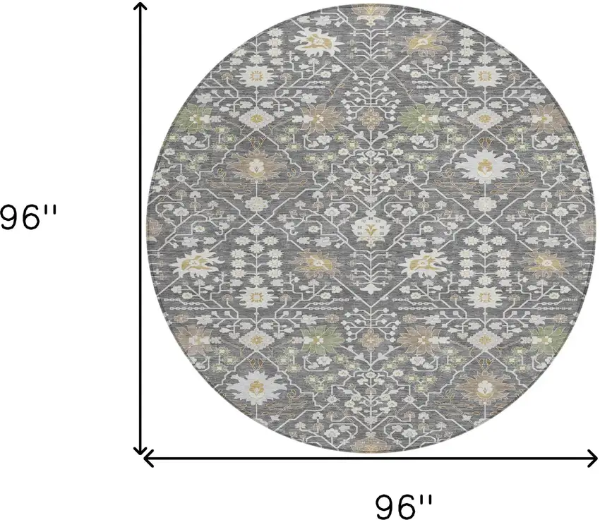 8' Charcoal Ivory And Green Round Oriental Washable Indoor Outdoor Area Rug Photo 3