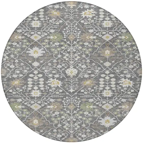 8' Charcoal Ivory And Green Round Oriental Washable Indoor Outdoor Area Rug Photo 5