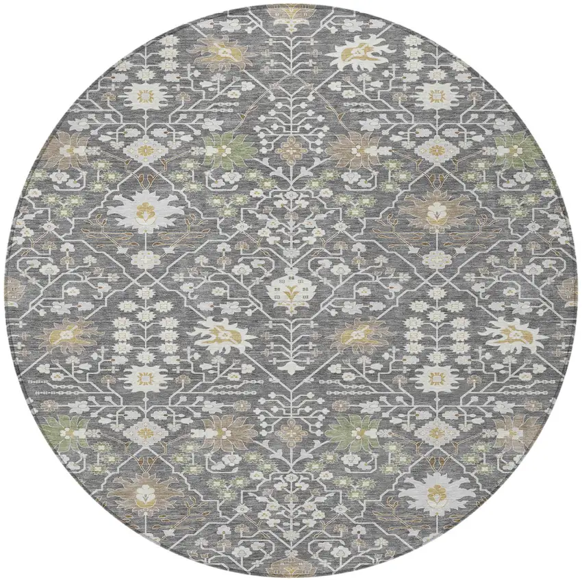 8' Charcoal Ivory And Green Round Oriental Washable Indoor Outdoor Area Rug Photo 5