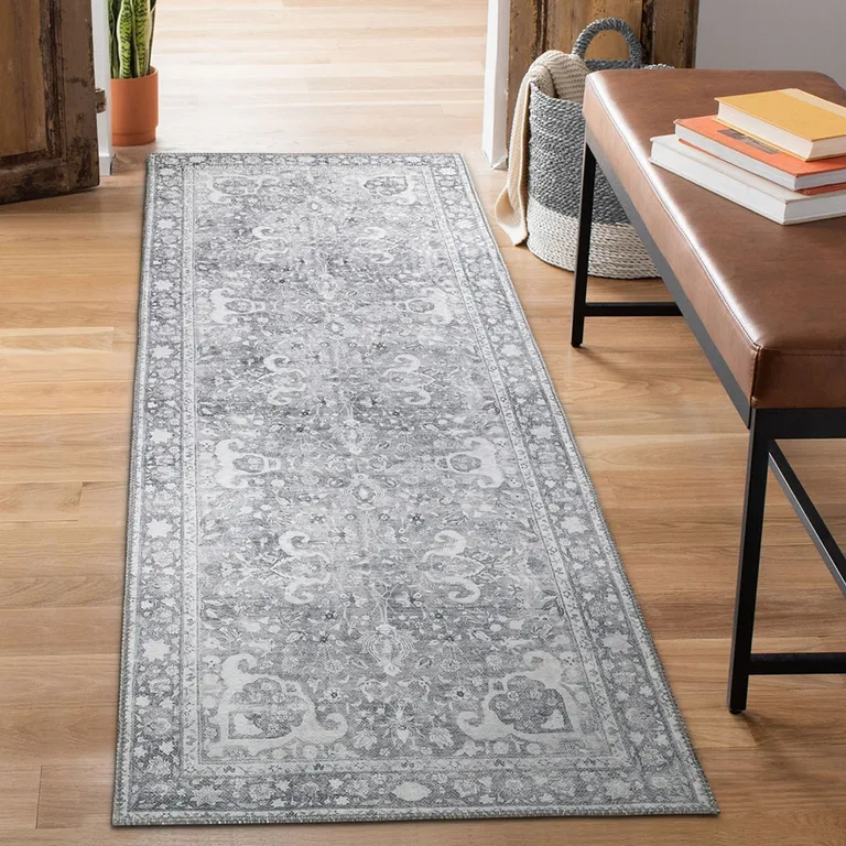 8' Charcoal Medallion Power Loom Stain Resistant Runner Rug Photo 3